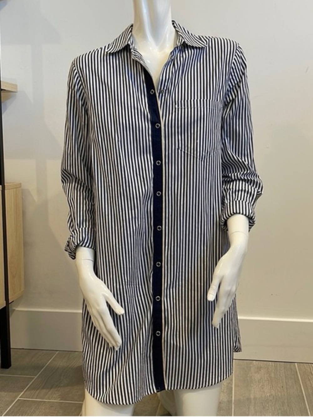 Zara Blue and White Striped Long Button-Down Shirt Dress